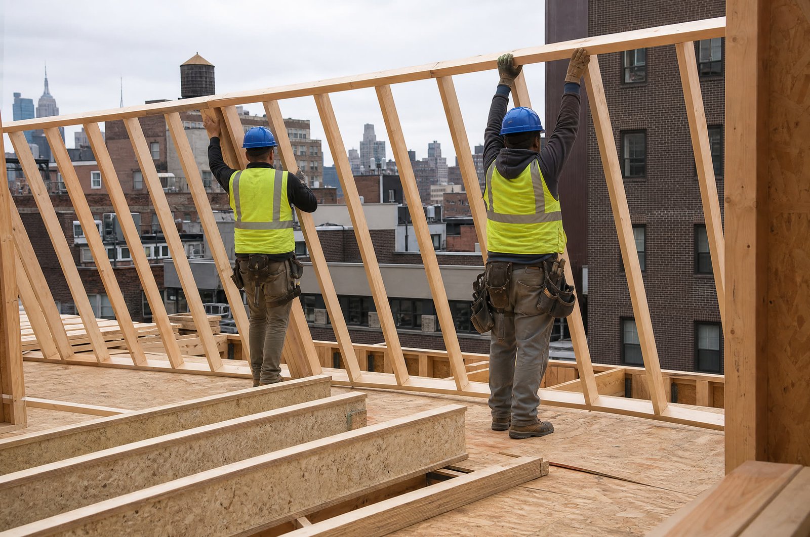 Framers raising a stud wall on an open floor deck